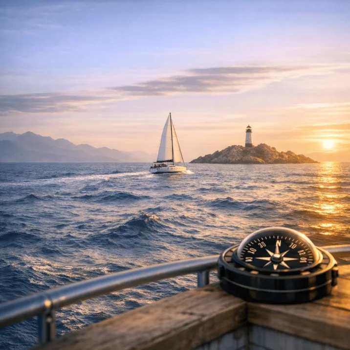 ein kompass und ein segelschiff